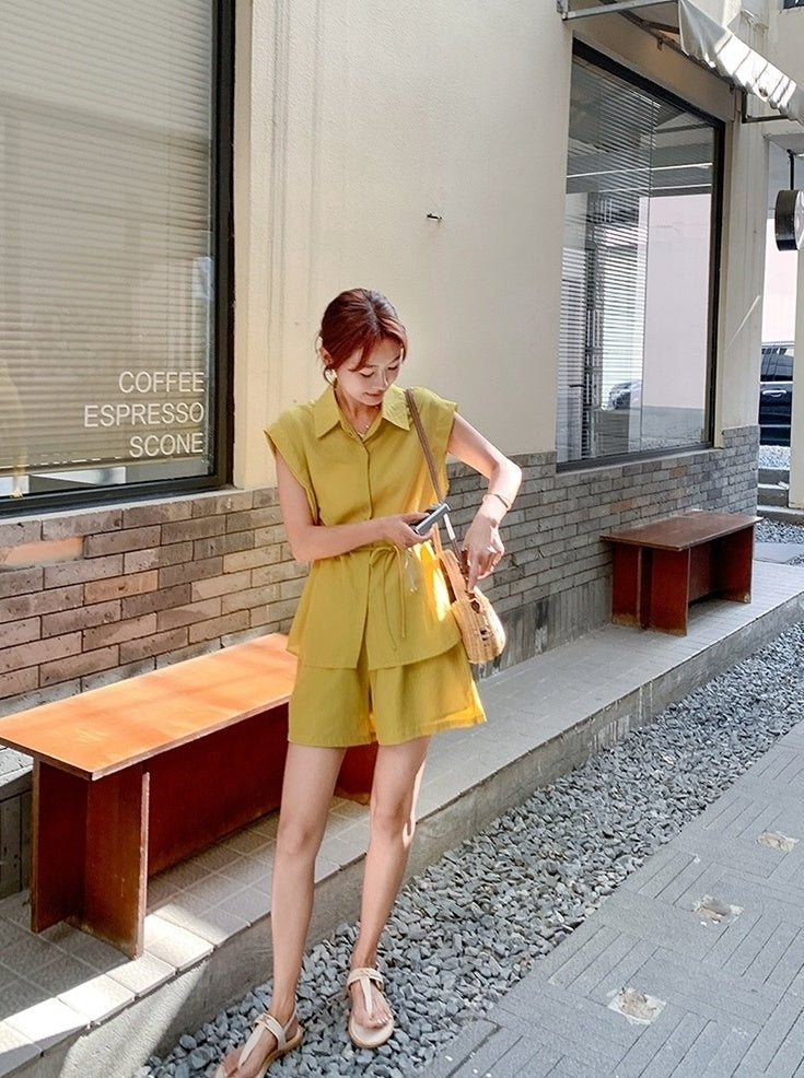 Yellow Korean Style Sleeveless Shirt Commuter Set