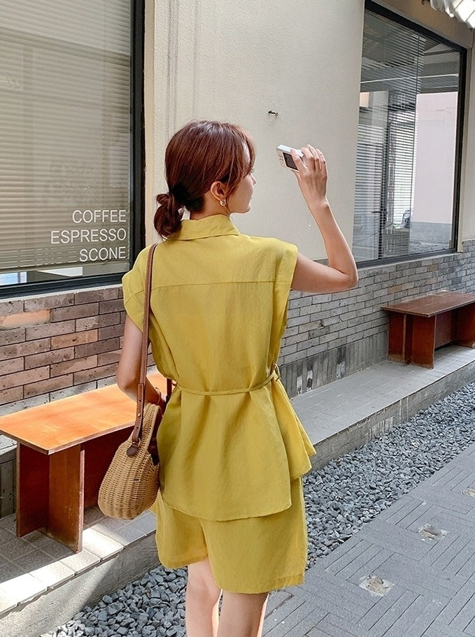 Yellow Korean Style Sleeveless Shirt Commuter Set