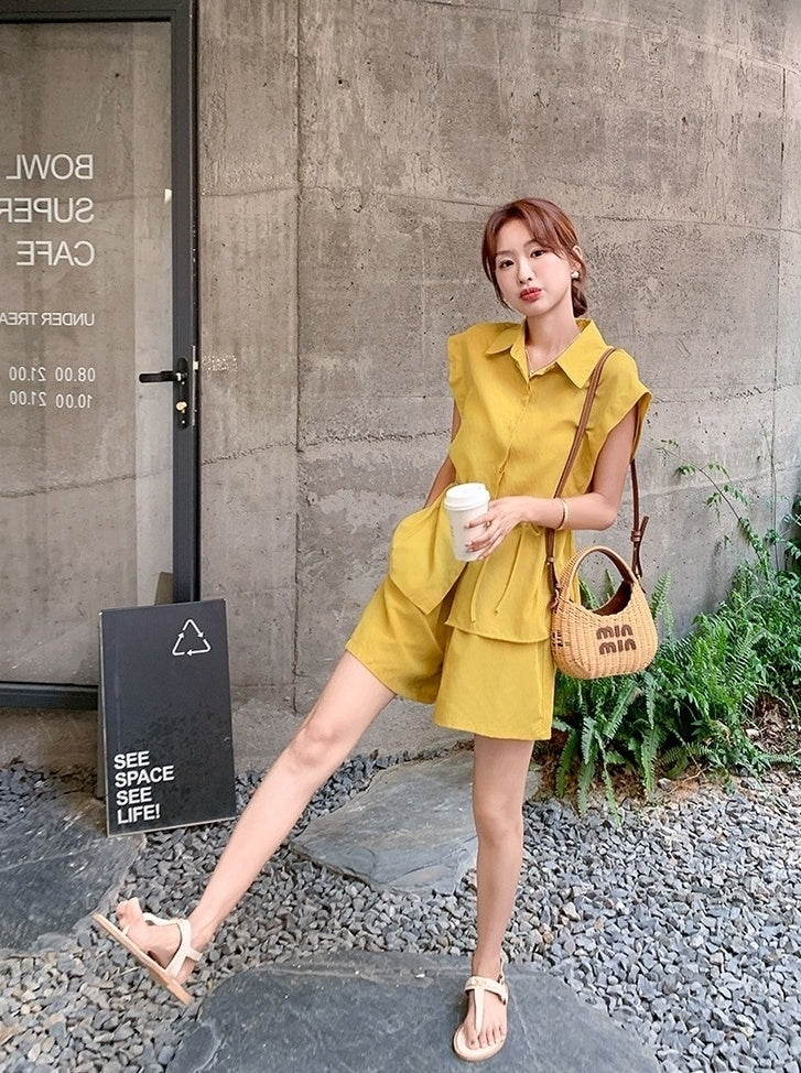 Yellow Korean Style Sleeveless Shirt Commuter Set