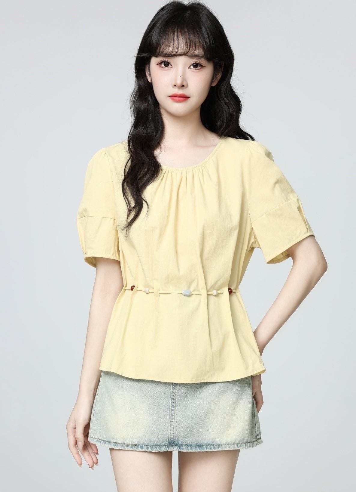 Yellow Puff Sleeve Tie Waist Short Sleeve Blouse