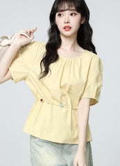 Yellow Puff Sleeve Tie Waist Short Sleeve Blouse