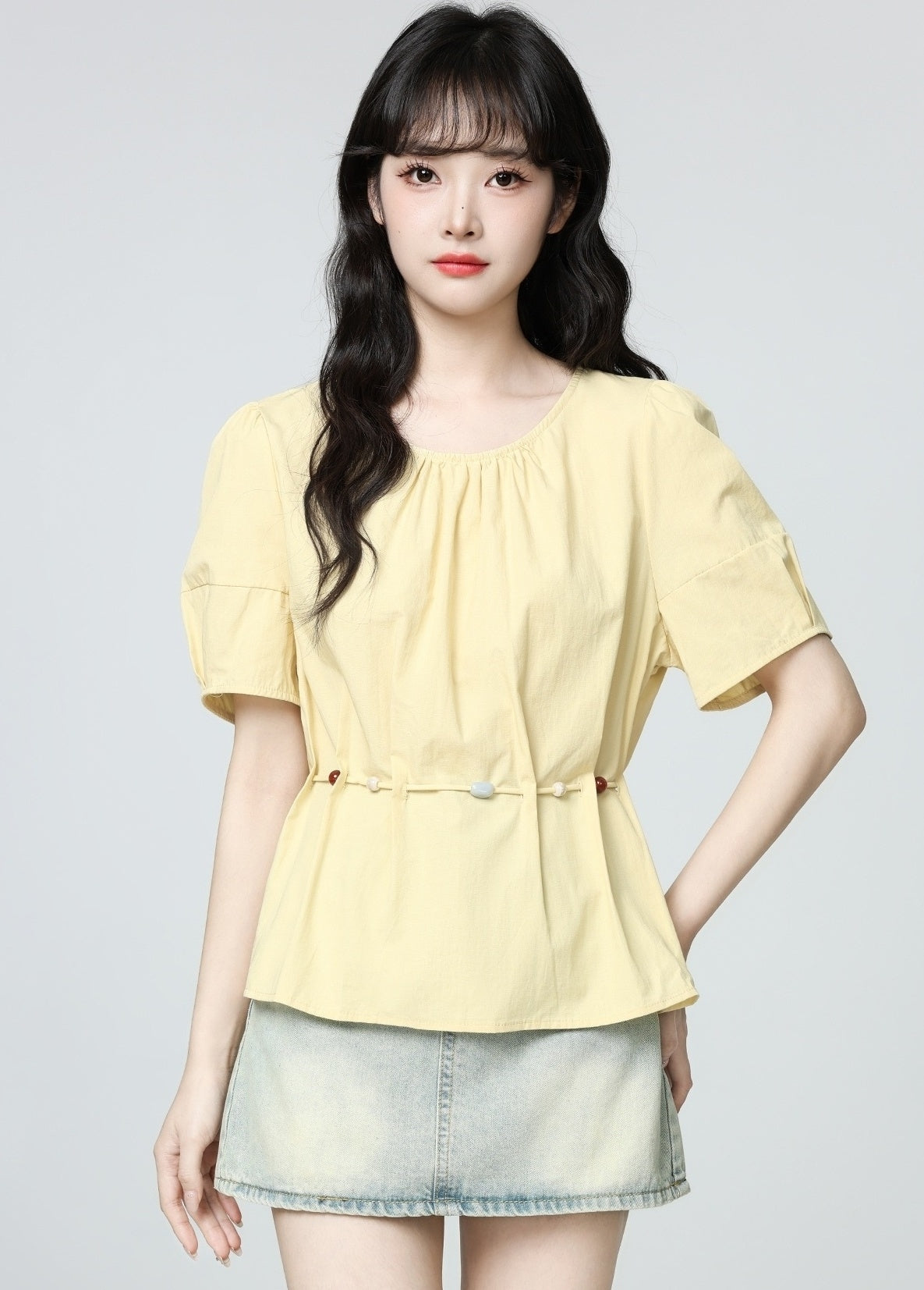 Yellow Puff Sleeve Tie Waist Short Sleeve Blouse