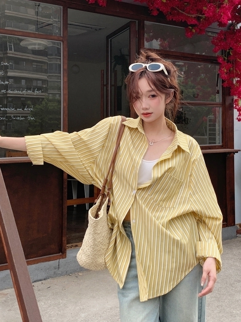 Yellow Stripes Oversized Long Sleeves Shirt