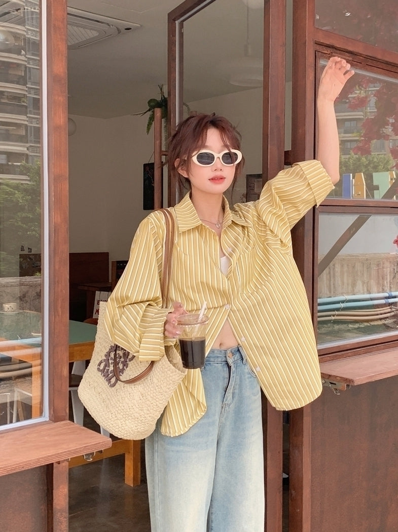 Yellow Stripes Oversized Long Sleeves Shirt