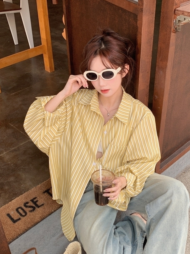 Yellow Stripes Oversized Long Sleeves Shirt
