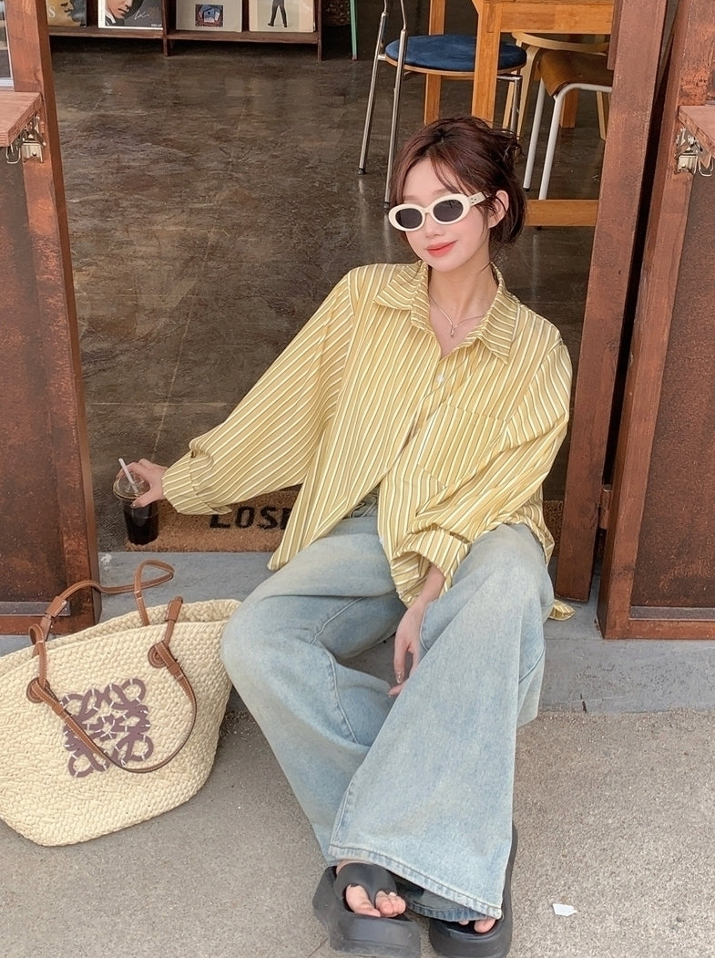 Yellow Stripes Oversized Long Sleeves Shirt