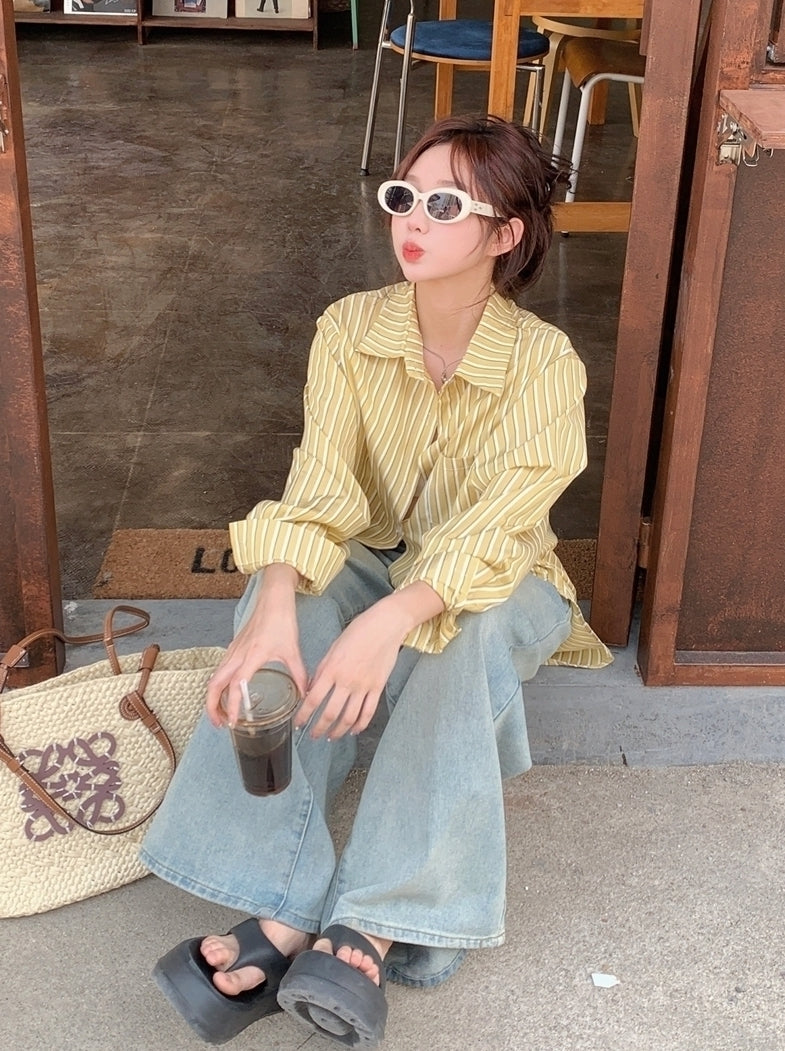 Yellow Stripes Oversized Long Sleeves Shirt