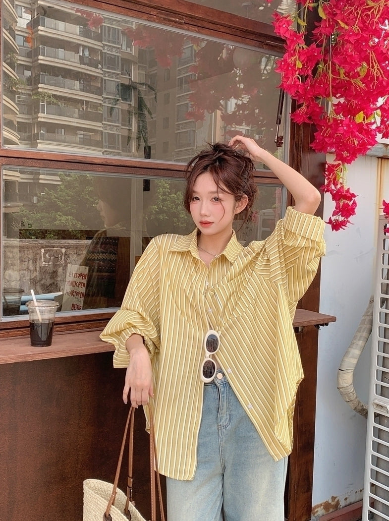 Yellow Stripes Oversized Long Sleeves Shirt