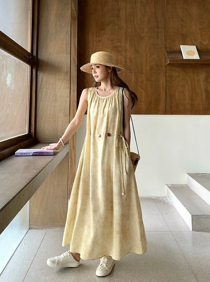 Yellow Tie Dye Sleeveless Waist Slimming Maxi Dress