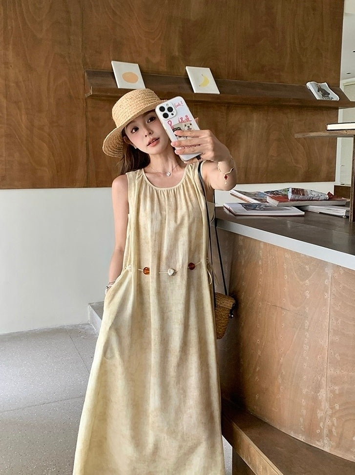 Yellow Tie Dye Sleeveless Waist Slimming Maxi Dress