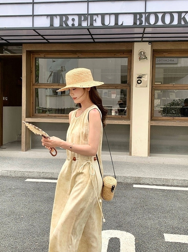 Yellow Tie Dye Sleeveless Waist Slimming Maxi Dress