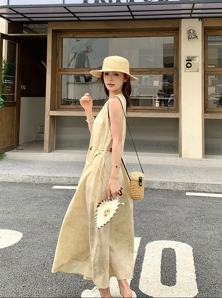 Yellow Tie Dye Sleeveless Waist Slimming Maxi Dress