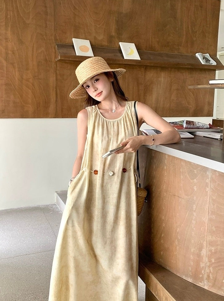 Yellow Tie Dye Sleeveless Waist Slimming Maxi Dress