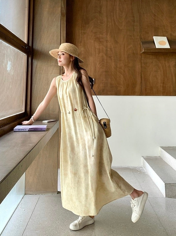Yellow Tie Dye Sleeveless Waist Slimming Maxi Dress
