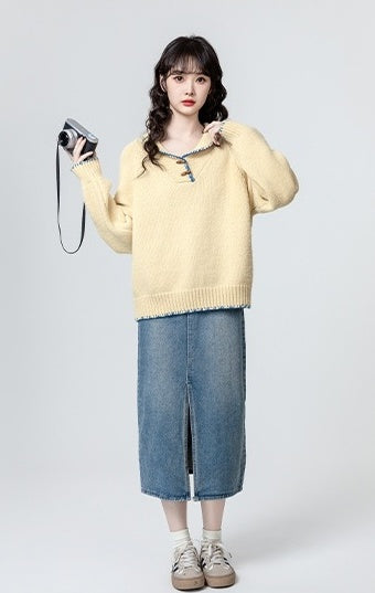 Yellow Toggle Collar Thick Sweater
