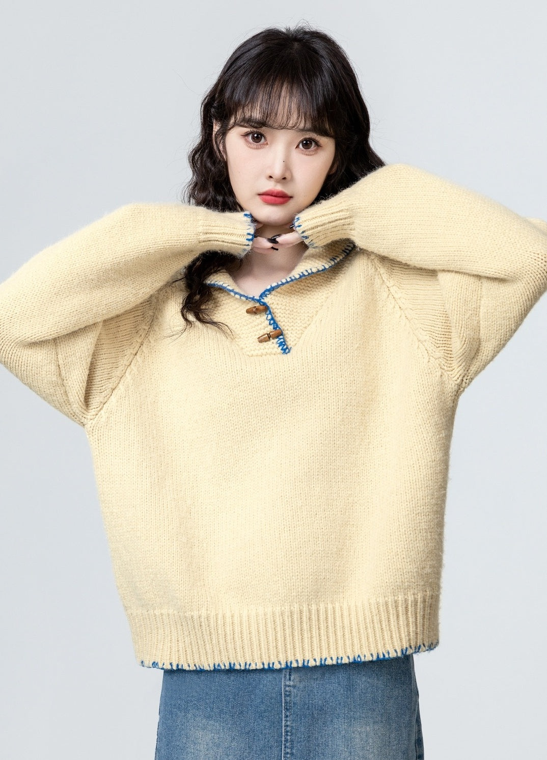 Yellow Toggle Collar Thick Sweater