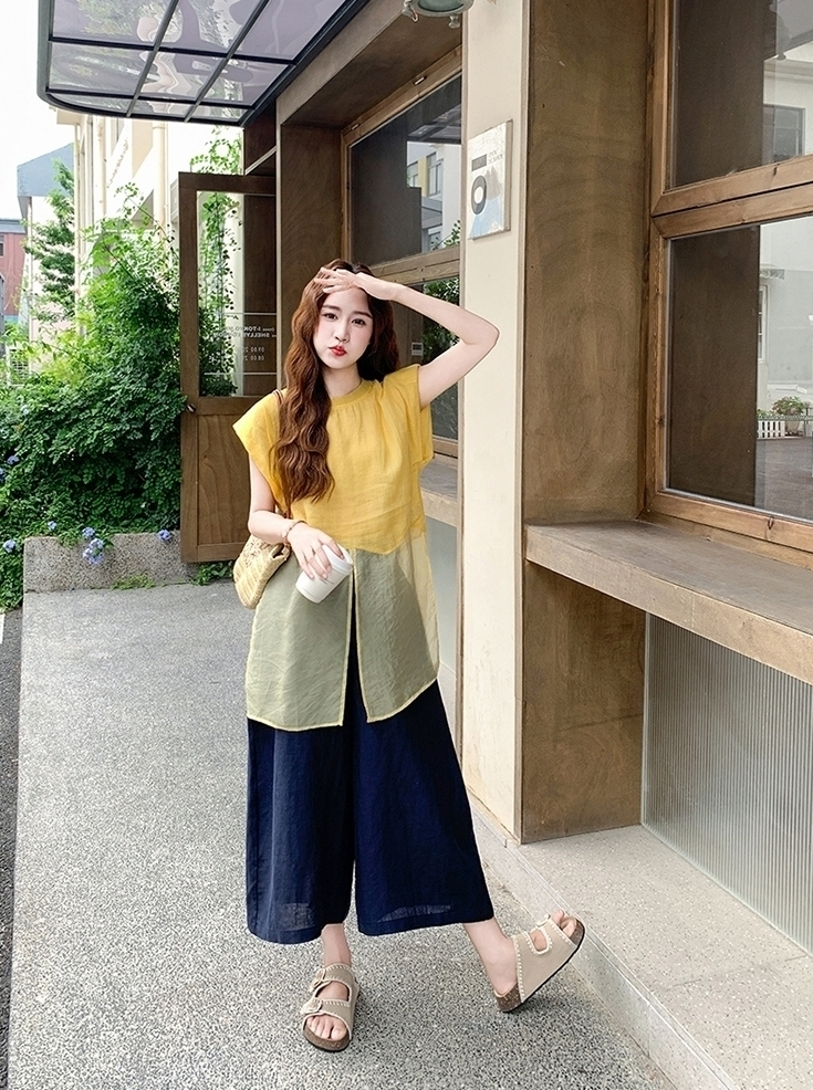 Yellow Top And Wide Leg Pants Fashion Set