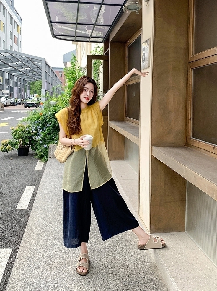 Yellow Top And Wide Leg Pants Fashion Set
