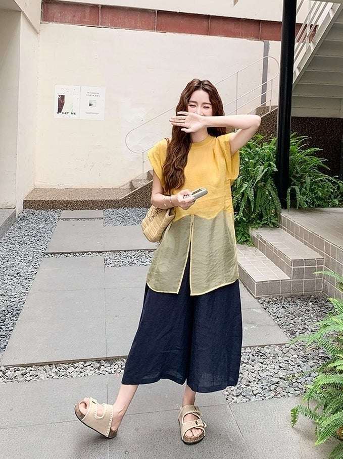 Yellow Top And Wide Leg Pants Fashion Set
