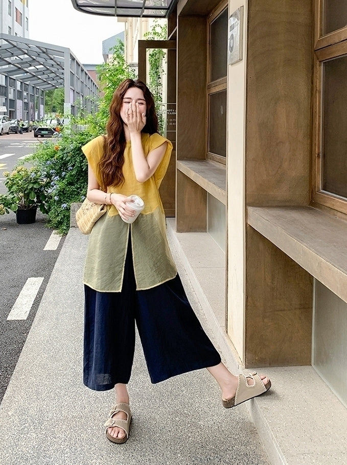Yellow Top And Wide Leg Pants Fashion Set