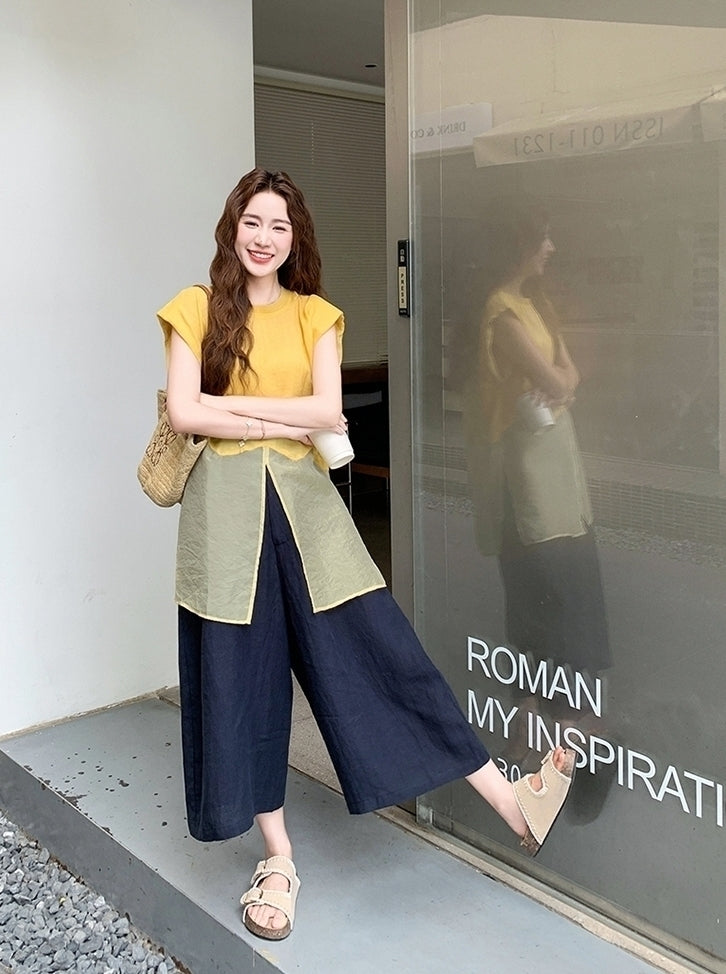 Yellow Top And Wide Leg Pants Fashion Set