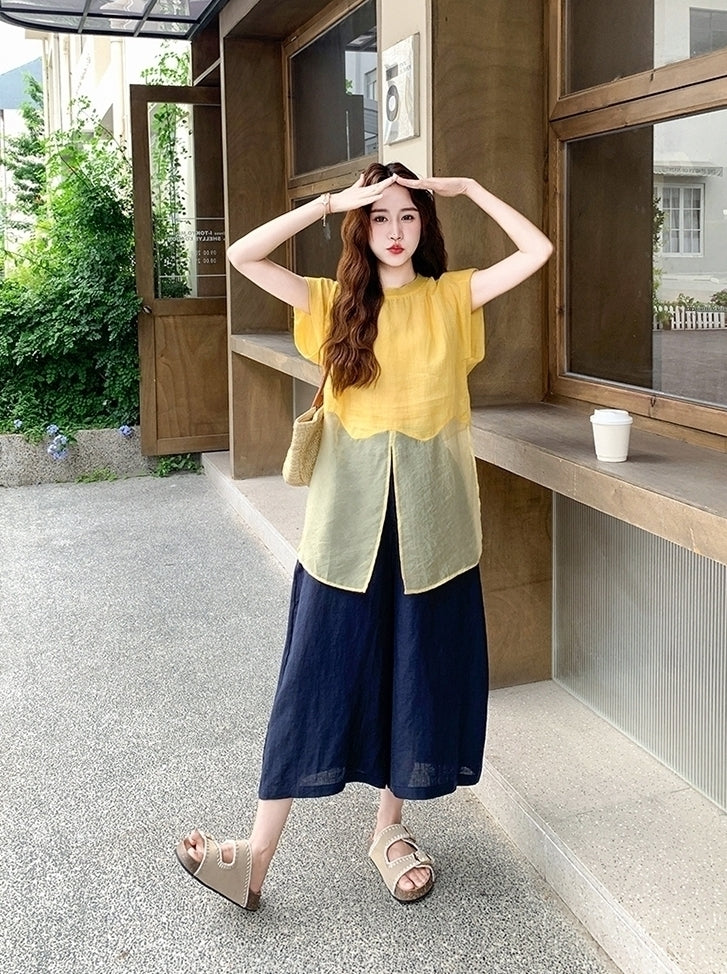 Yellow Top And Wide Leg Pants Fashion Set