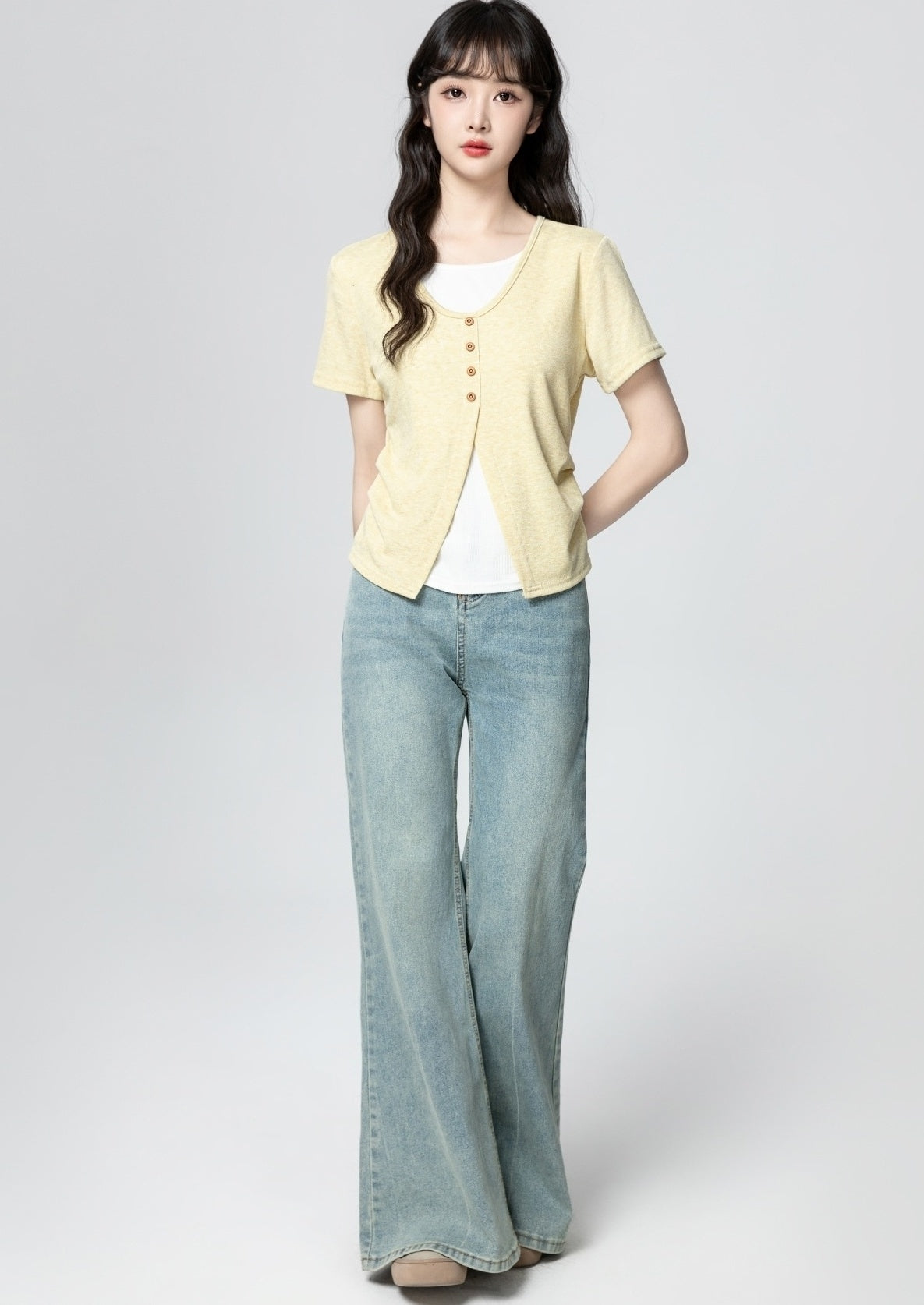 Yellow Twopiece Short Sleeve Colorblock Top