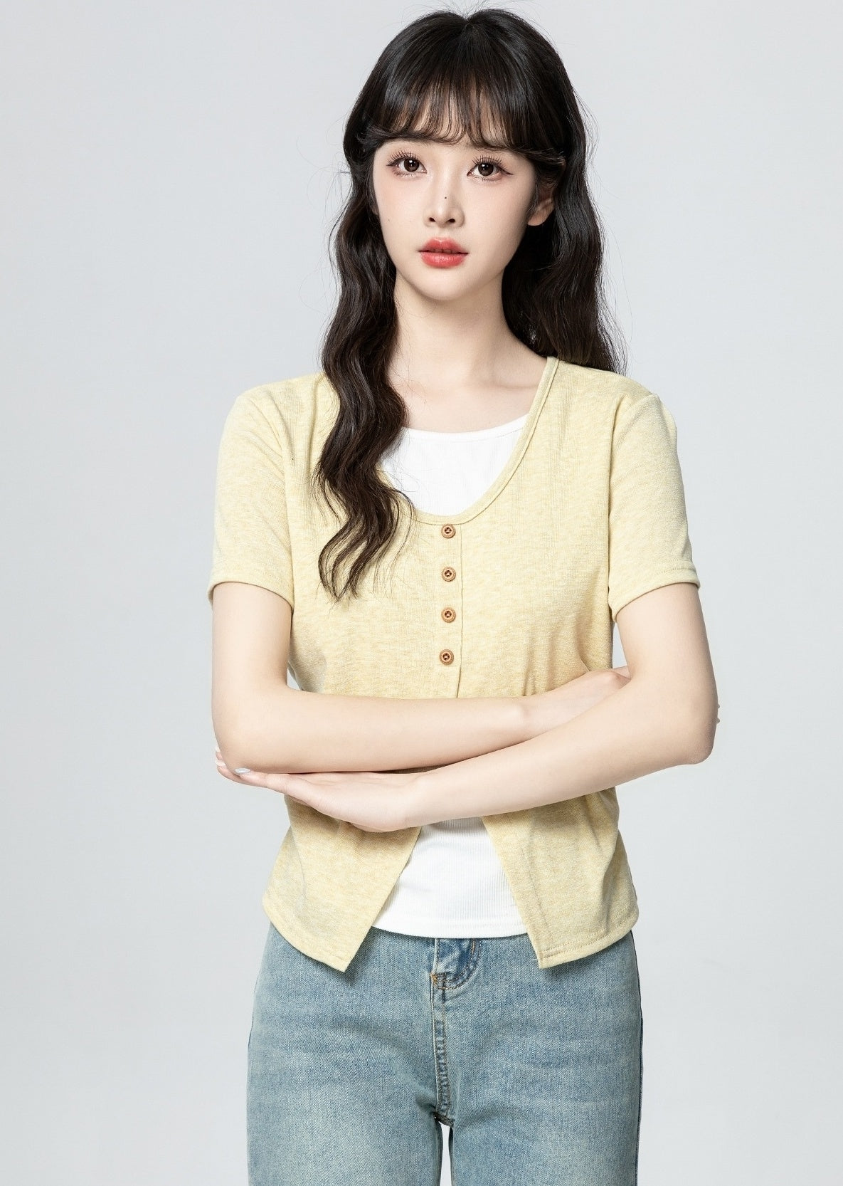 Yellow Twopiece Short Sleeve Colorblock Top