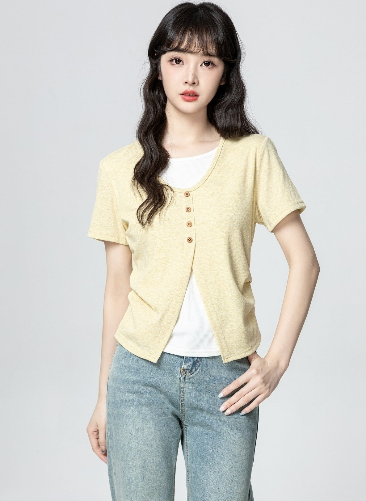 Yellow Twopiece Short Sleeve Colorblock Top