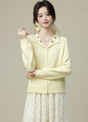 Yellow V Neck Knit Cardigan Short Loose Soft Jacket