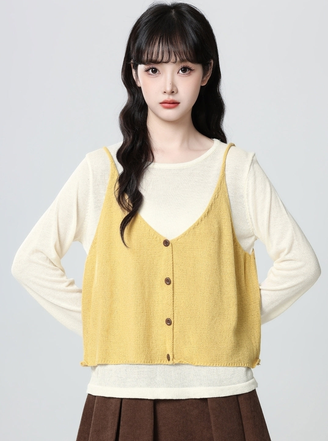 Yellow V Neck Knit Vest Long Sleeve Top Set