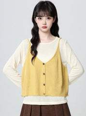 Yellow V Neck Knit Vest Long Sleeve Top Set