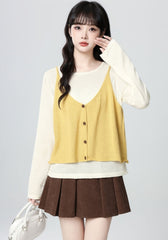 Yellow V Neck Knit Vest Long Sleeve Top Set