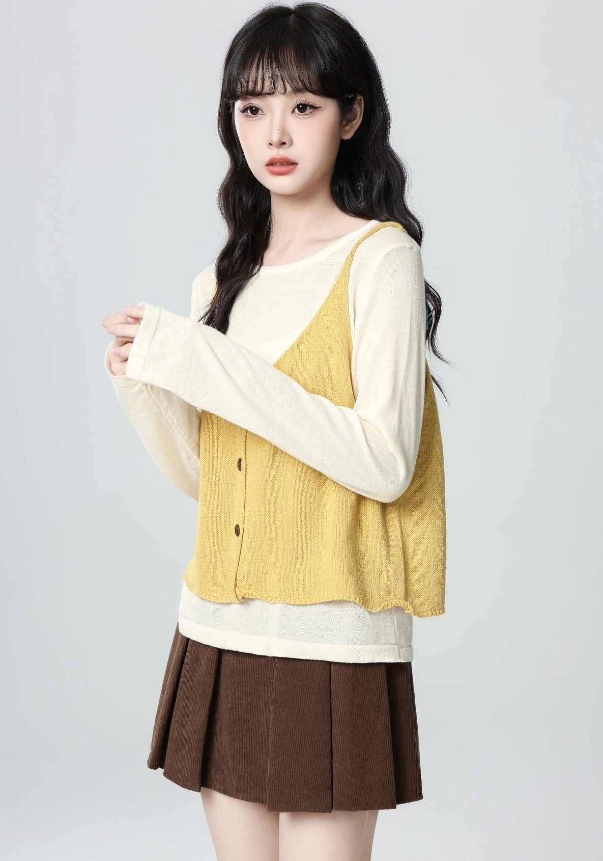 Yellow V Neck Knit Vest Long Sleeve Top Set