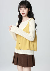 Yellow V Neck Knit Vest Long Sleeve Top Set