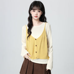 Yellow V Neck Knit Vest Long Sleeve Top Set