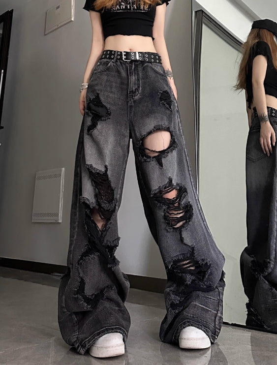 Black Washed Tattered Denim Jeans