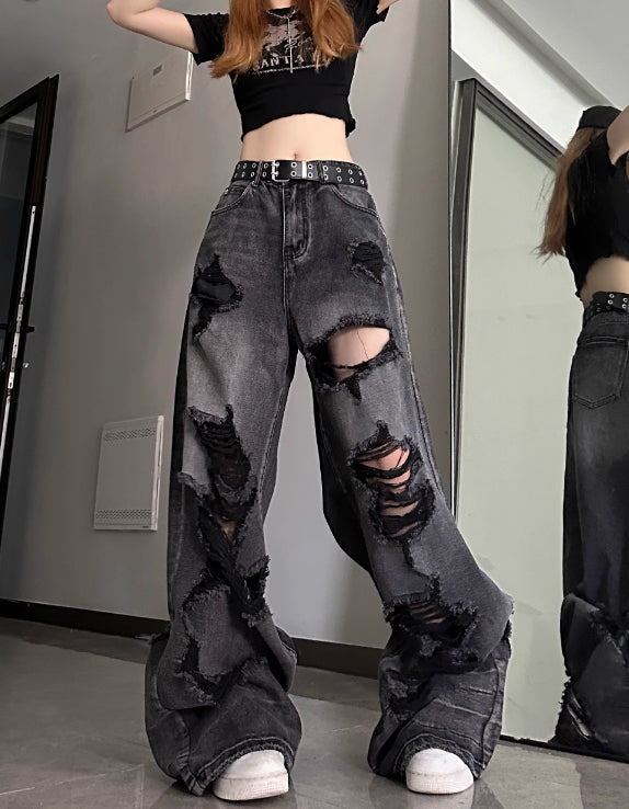 Black Washed Tattered Denim Jeans