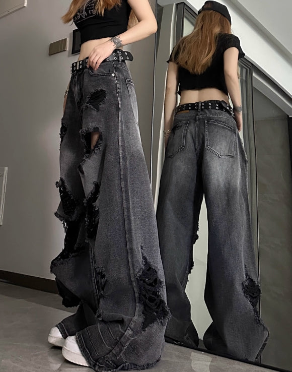 Black Washed Tattered Denim Jeans