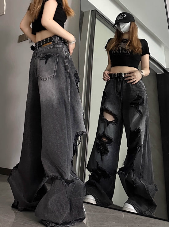 Black Washed Tattered Denim Jeans
