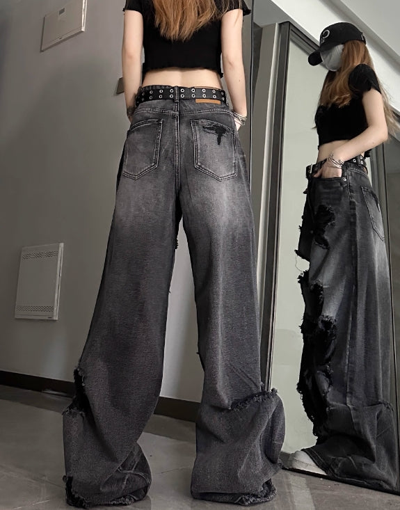 Black Washed Tattered Denim Jeans