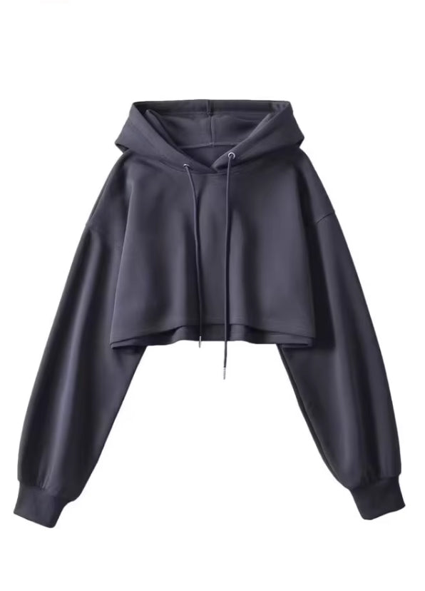 Grey Cropped Drawstring Hoodie