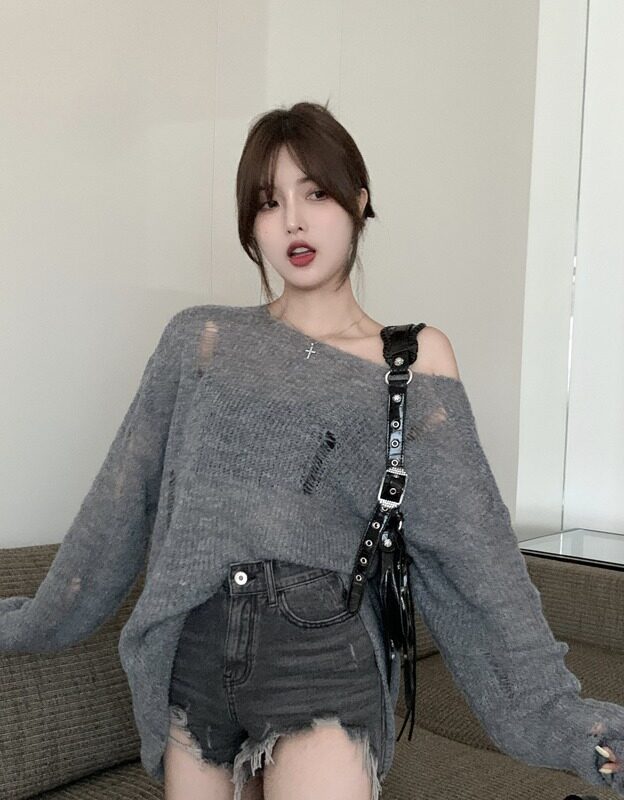 Grey Sheer Distressed Sweater