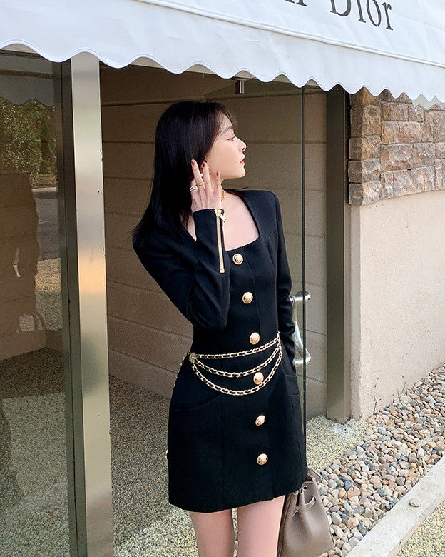 Black Square Neck Long Sleeve Dress With Gold Buttons