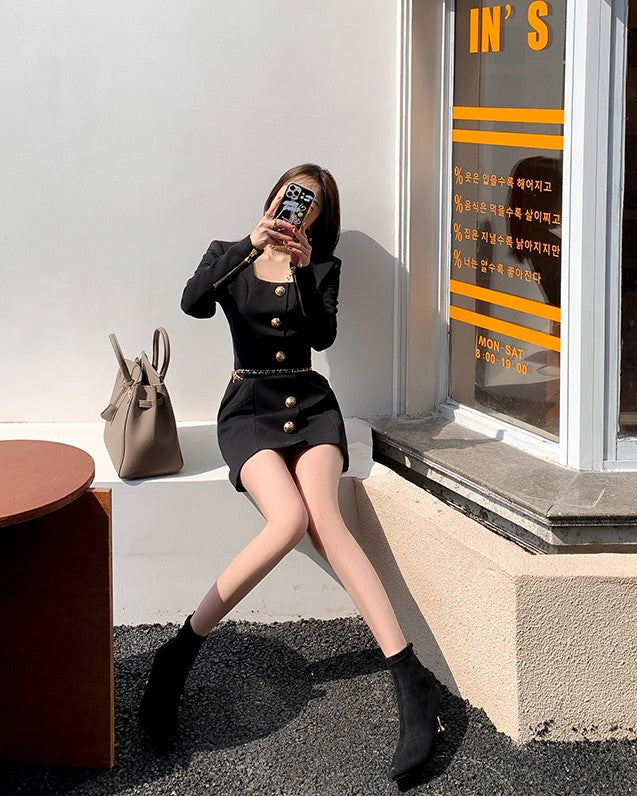 Black Square Neck Long Sleeve Dress With Gold Buttons