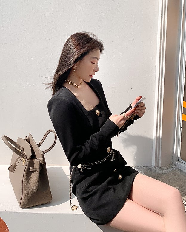 Black Square Neck Long Sleeve Dress With Gold Buttons