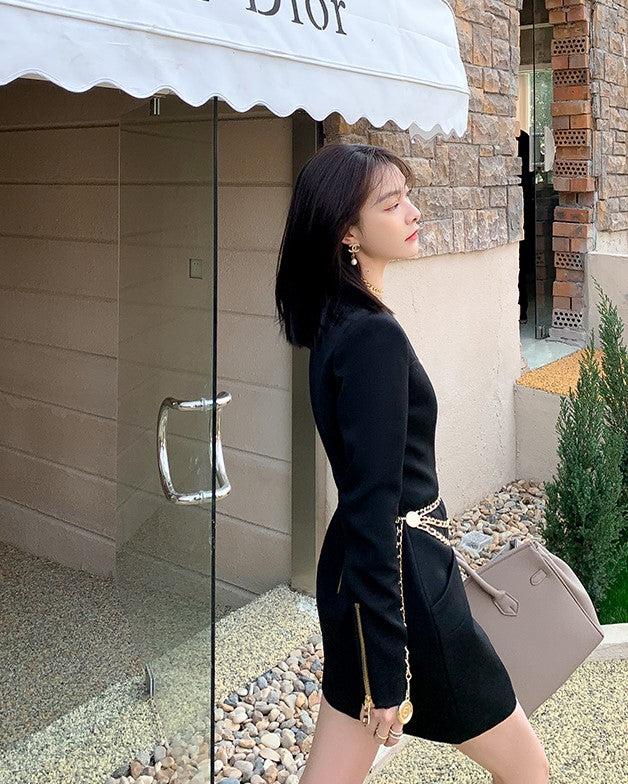 Black Square Neck Long Sleeve Dress With Gold Buttons