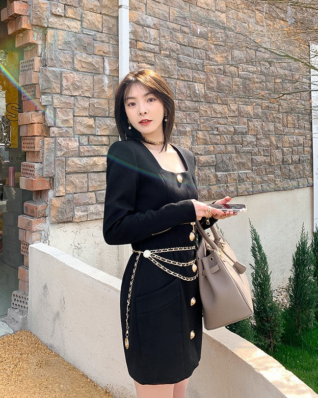 Black Square Neck Long Sleeve Dress With Gold Buttons