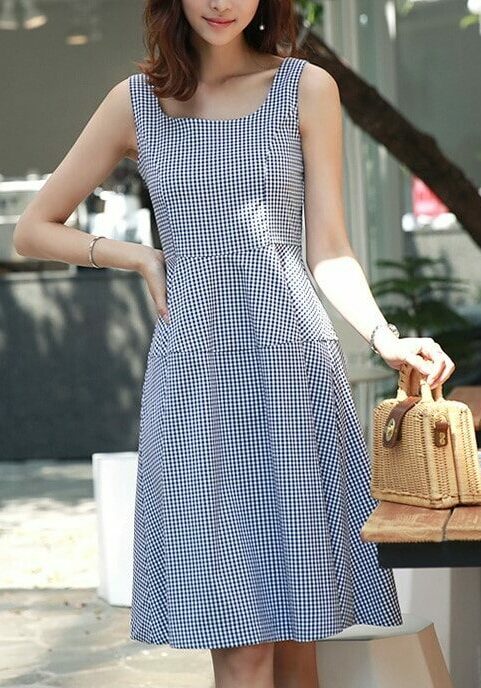 Blue Plaid Sleeveless Dress