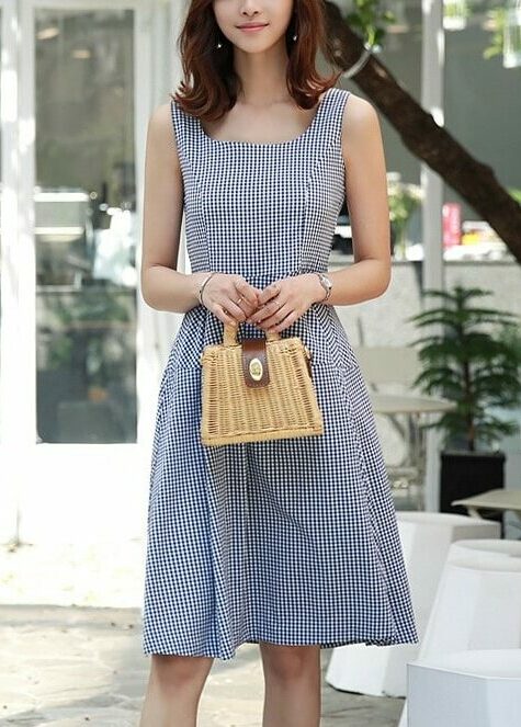 Blue Plaid Sleeveless Dress